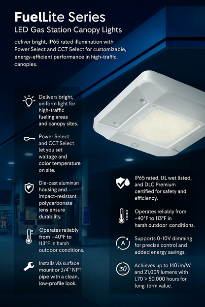 Infographic explaining why to choose FuelLite Series LED Gas Station Canopy Lights by NCLTG: purpose-built illumination for high-traffic fueling areas; on-site Power Select and CCT Select to tailor wattage and color temperature while reducing inventory complexity; high-efficiency operation up to 140 lm/W with lumen outputs to 21,000 for superior visibility; rugged die-cast aluminum housing with impact-resistant polycarbonate lens; outdoor-ready ratings including IP65, UL wet location, and DLC Premium.