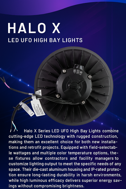 Infographic explaining why to choose Halo X Series LED UFO High Bay Lights from NCLTG. These fixtures feature selectable wattages and multiple color temperature options for customizable output, high luminous efficacy for energy-efficient brightness, and rugged die-cast aluminum housing with IP-rated protection for durability in harsh environments. Designed for both new construction and retrofit applications, Halo X high bays provide reliable, long-term performance in demanding spaces.