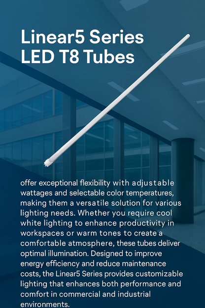 Infographic explaining why Linear5 Series LED T8 Tubes stand out: selectable wattages from 10W to 48W for tailored output; tunable color temperatures from 3500K to 6500K for task or ambiance; dual-mode installation supporting ballast-compatible (Type A) and 120–277V line-voltage (Type B) wiring; 4-foot and 8-foot options for broad fixture coverage; energy-efficient LEDs for uniform light with lower costs; and a low-maintenance design that reduces relamping and downtime.