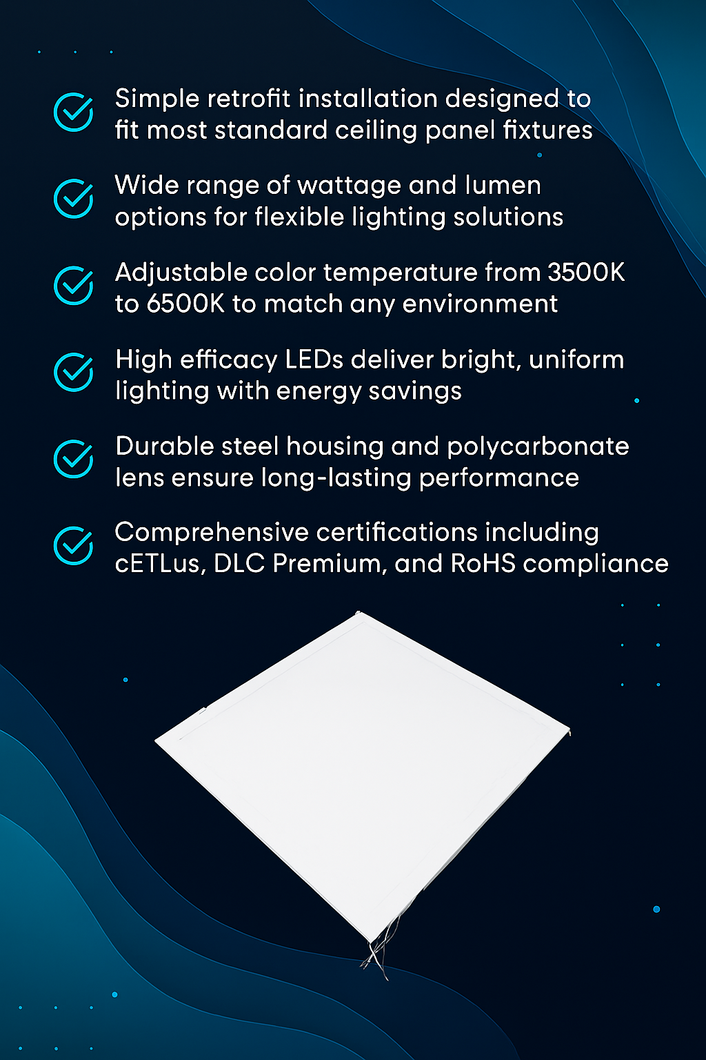 Infographic explaining why to choose LumaFit Series LED Panel Retrofit Kits from NCLTG: fast, simple retrofit installation compatible with most standard ceiling panel fixtures; multiple wattage and lumen options for flexible light levels; adjustable color temperatures from 3500K to 6500K; high-efficacy LEDs for bright, uniform illumination and energy savings; durable steel housing with polycarbonate lens for long service life; and comprehensive certifications—including cETLus, DLC Premium, and RoHS.