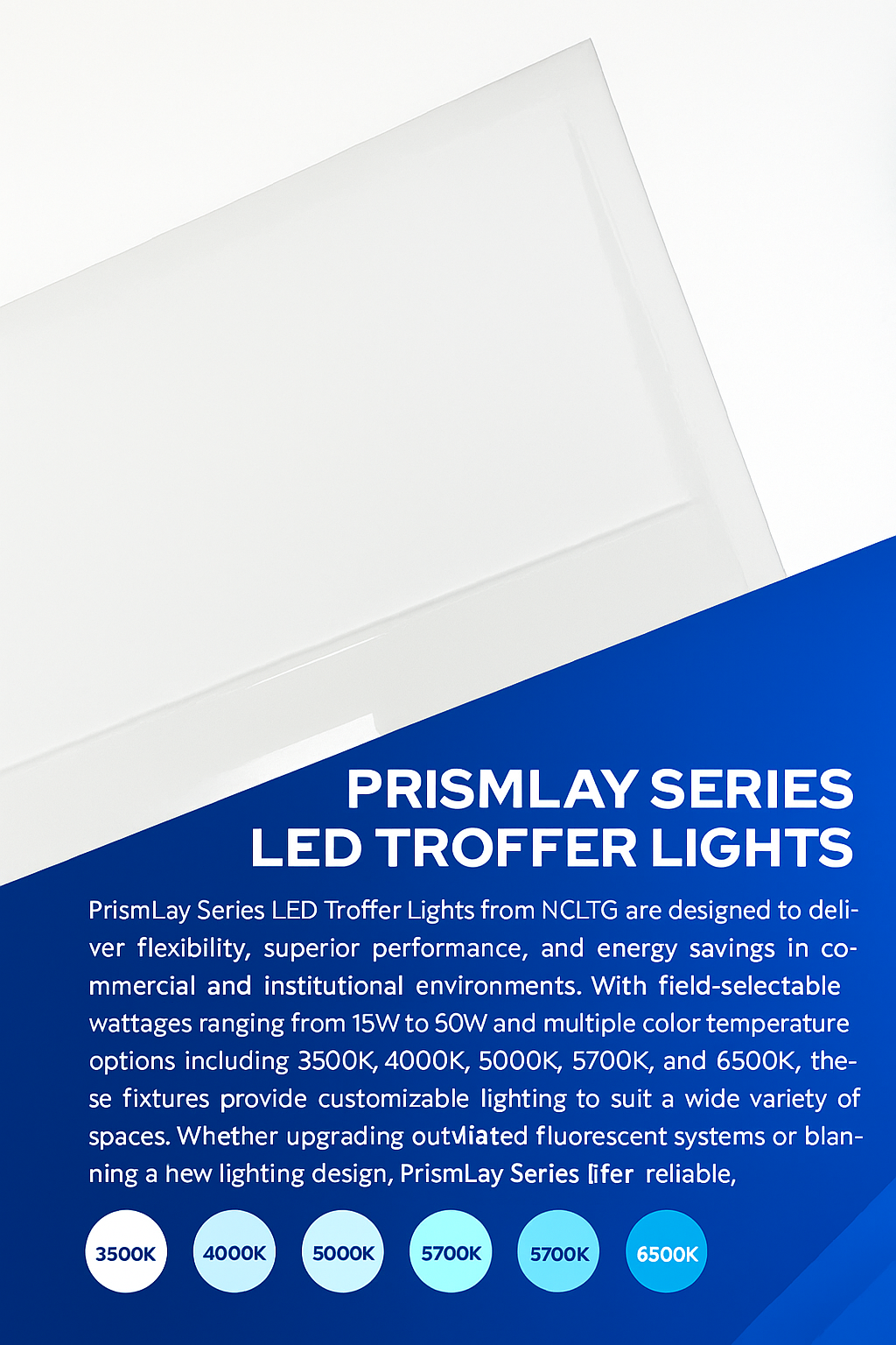 Infographic explaining PrismLay Series LED Troffer Lights from NCLTG: 15–50W selectable wattage, 3500K–6500K CCT options, low-glare design for visual comfort, and energy-efficient performance to cut operating costs. Durable construction, DLC Premium rebate eligibility, and suitability for retrofits or new construction—ideal for offices, schools, healthcare, and retail.