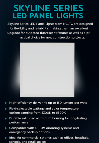 Infographic explaining why to choose SkyLine Series LED Panel Lights from NCLTG. Highlights include high efficiency up to 130 lumens per watt, field-selectable wattage and color temperatures from 3500K to 6500K, durable extruded aluminum housing for long-lasting performance, compatibility with 0–10V dimming and emergency backup systems, and suitability for commercial applications such as offices, hospitals, schools, and retail spaces.
